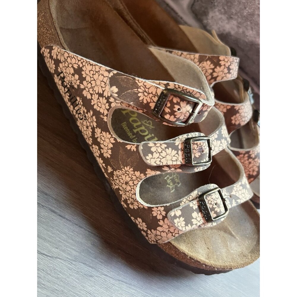 Birkenstock Papillio Florida Sandals Sz 38 7US 3 Strap Brown Floral Flower - Picture 3 of 11